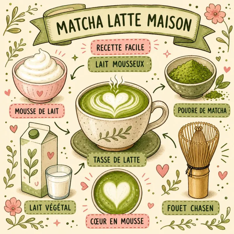 Matcha latte maison à la mousse de lait onctueuse, préparé avec fouet chasen