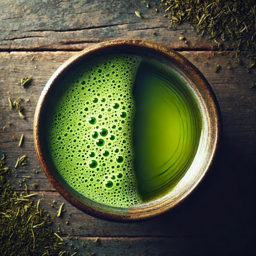 Tasse contenant une moitié de matcha et une moitié de thé vert