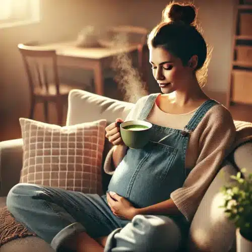 Femme enceinte qui boit un matcha chaud avec un air apaisé