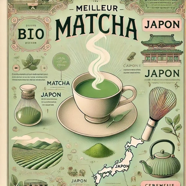 Infographie meilleur matcha avec tasse de matcha et accessoire