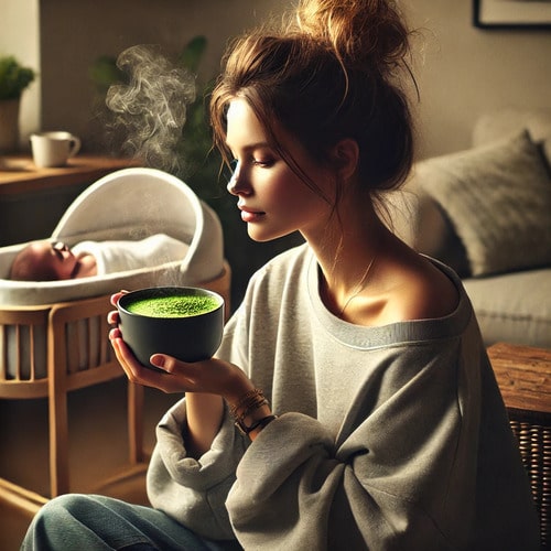 Femme qui boit du matcha à coté de son bébé