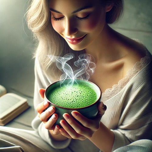 Femme profitant d'un moment de relaxtion avec du thé matcha