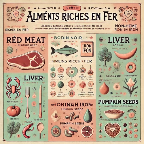 Infographie illustrant les sources de fer héminique et non héminique dans une composition équilibrée