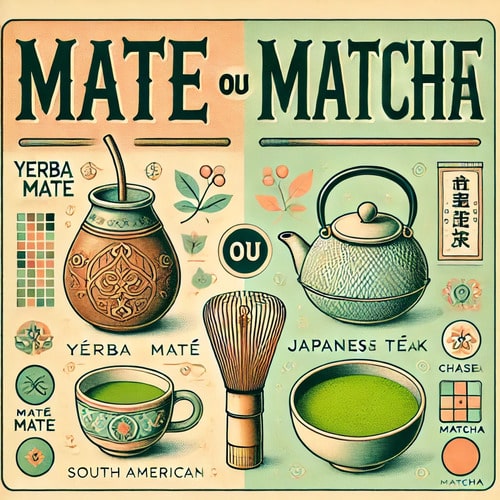 Comparaison visuelle entre matcha japonais et maté sud-américain en style vintage pastel élégant