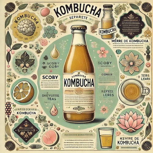Bouteille de kombucha pétillant, mère (SCOBY), fruits coupés, feuilles de thé et bulles de fermentation