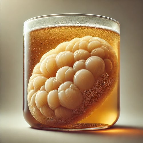 Mère de kombucha (SCOBY) flottant à la surface d'un bocal de thé en fermentation