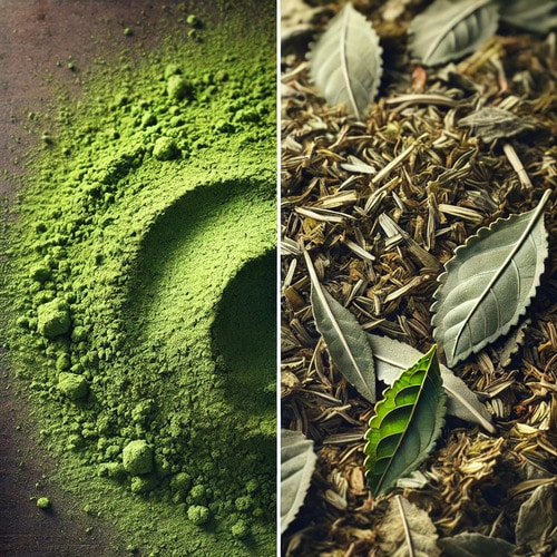 Comparaison visuelle entre la poudre de matcha verte et les feuilles de yerba maté