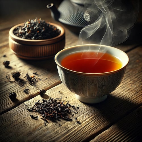 Dégustation du thé fumé dans une tasse en porcelaine avec feuilles de thé noir fumé en arrière-plan
