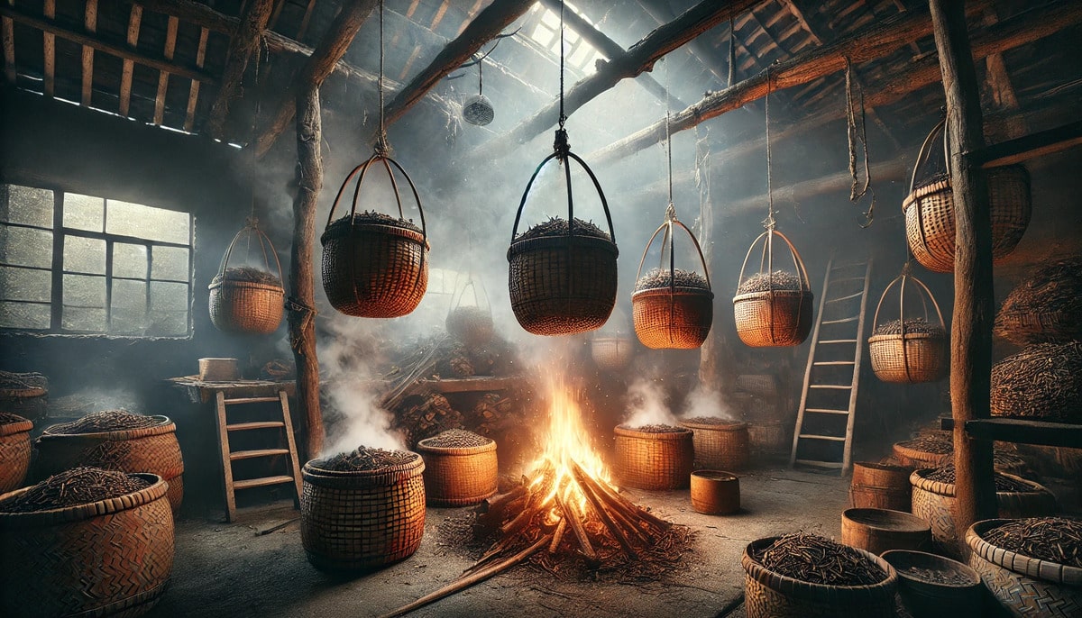 Préparation traditionnelle du thé fumé Lapsang Souchong avec fumage au-dessus du feu de pin