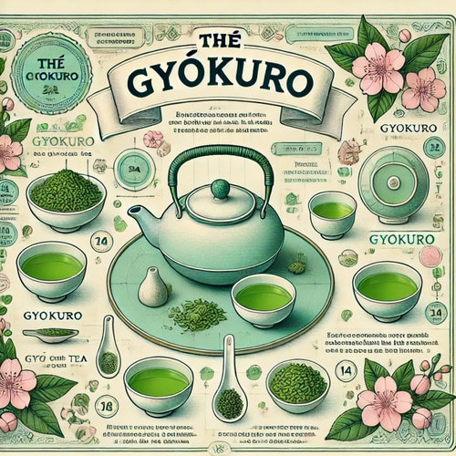 llustration vintage du thé gyokuro avec théière en porcelaine japonaise, tasses et feuilles vert émeraude