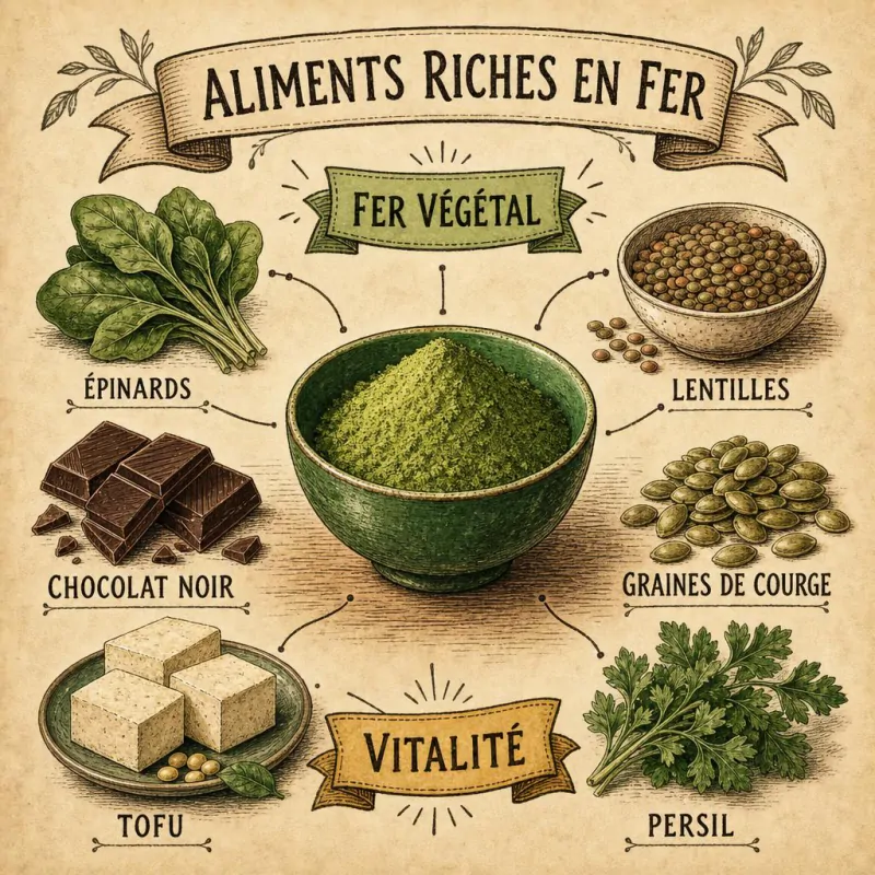 Assortiment d'aliments riches en fer : épinards, lentilles, graines et chocolat noir
