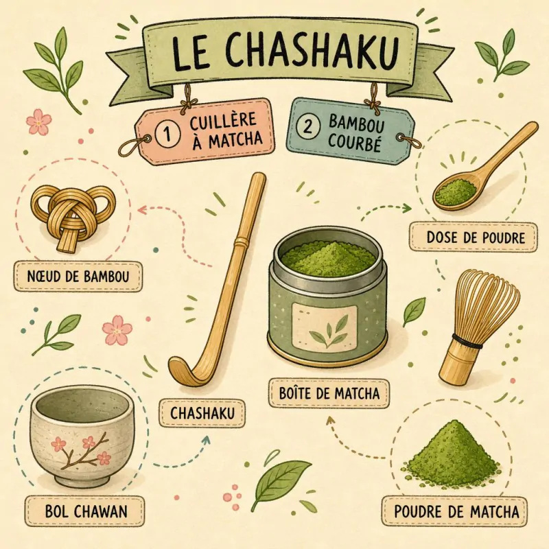Chashaku, fine cuillère à matcha en bambou courbé, posée sur une boîte de matcha