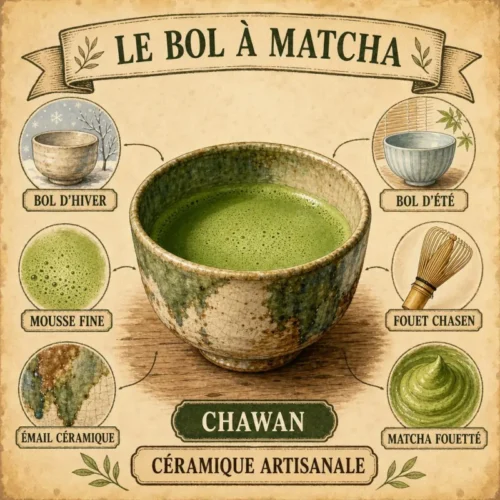 Chawan, bol à matcha en céramique artisanale, rempli de matcha fouetté à la mousse fine