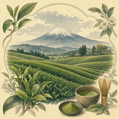 Champs de thé de Shizuoka avec le mont Fuji en arrière-plan