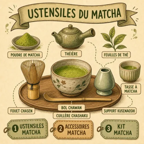 Kit traditionnel du matcha : chasen, chashaku, chawan et boîte de matcha disposés sur un plateau en bois