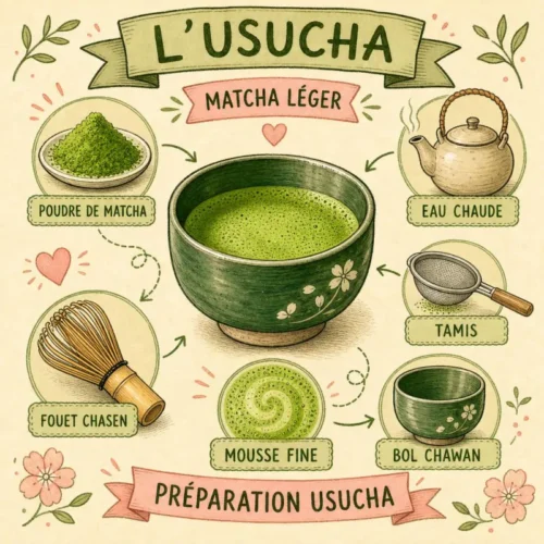 Bol d'usucha, matcha léger à la mousse fine, préparé au fouet chasen
