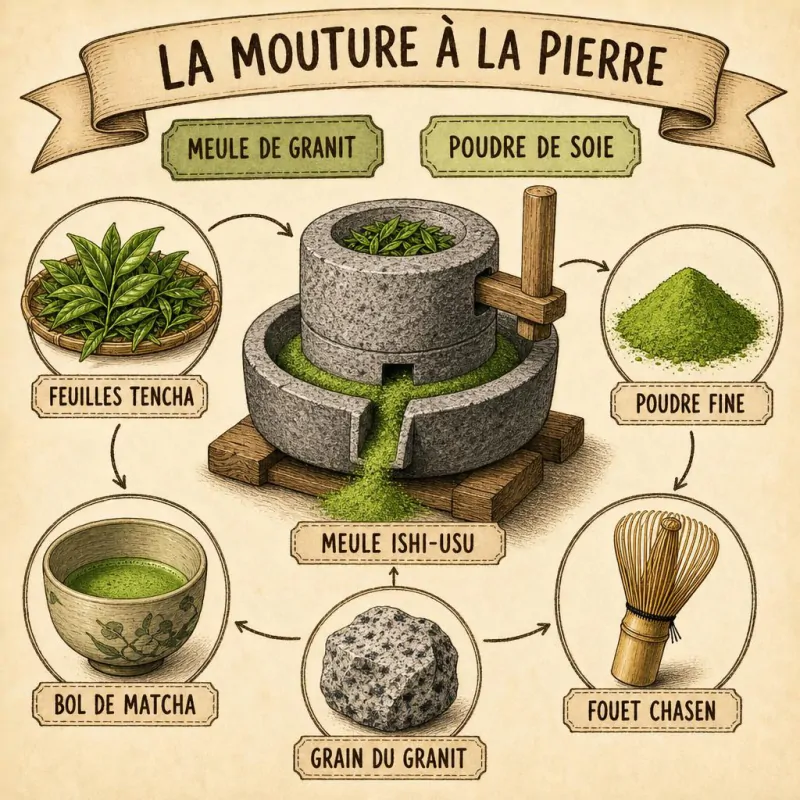 Meule de granit traditionnelle moulant lentement des feuilles de tencha en poudre de matcha
