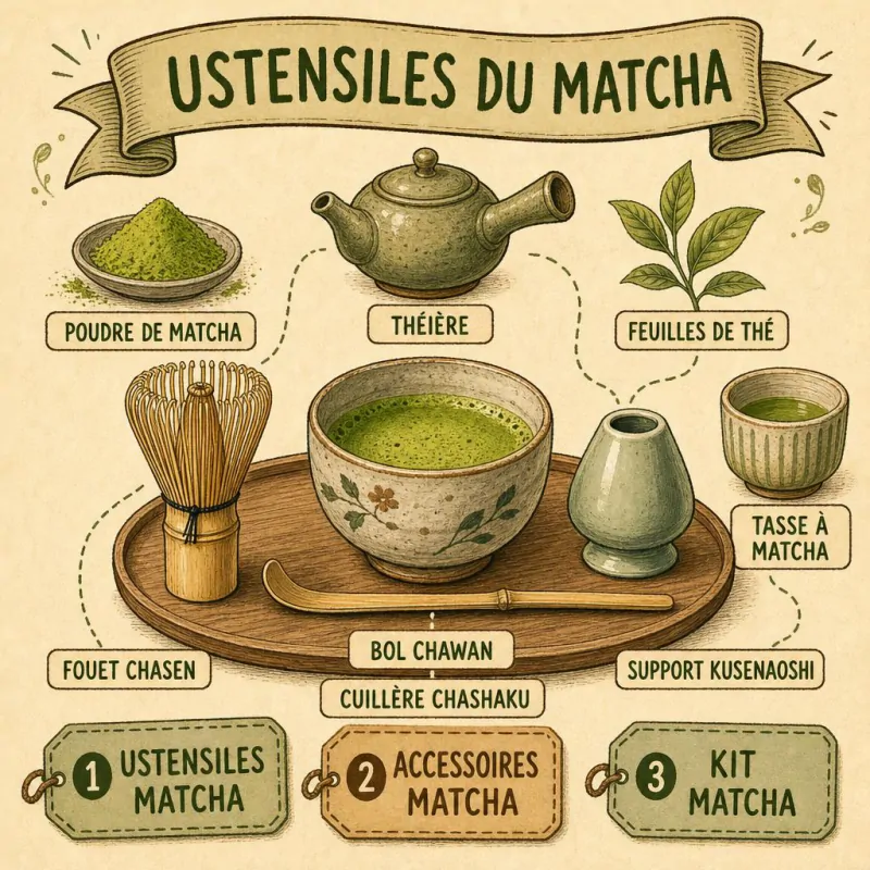 Kit traditionnel du matcha : chasen, chashaku, chawan et boîte de matcha disposés sur un plateau en bois