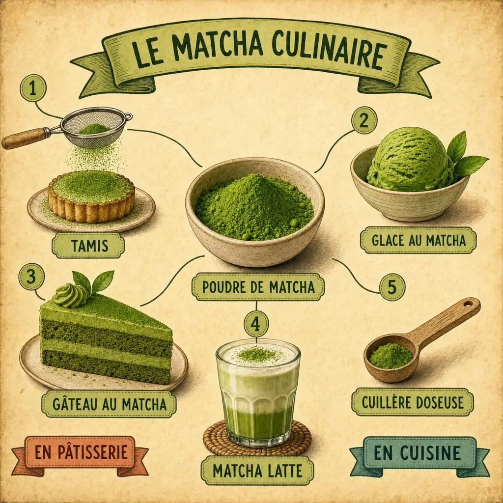 Matcha culinaire en cuisine : poudre verte, fouet, gâteau et latte au matcha
