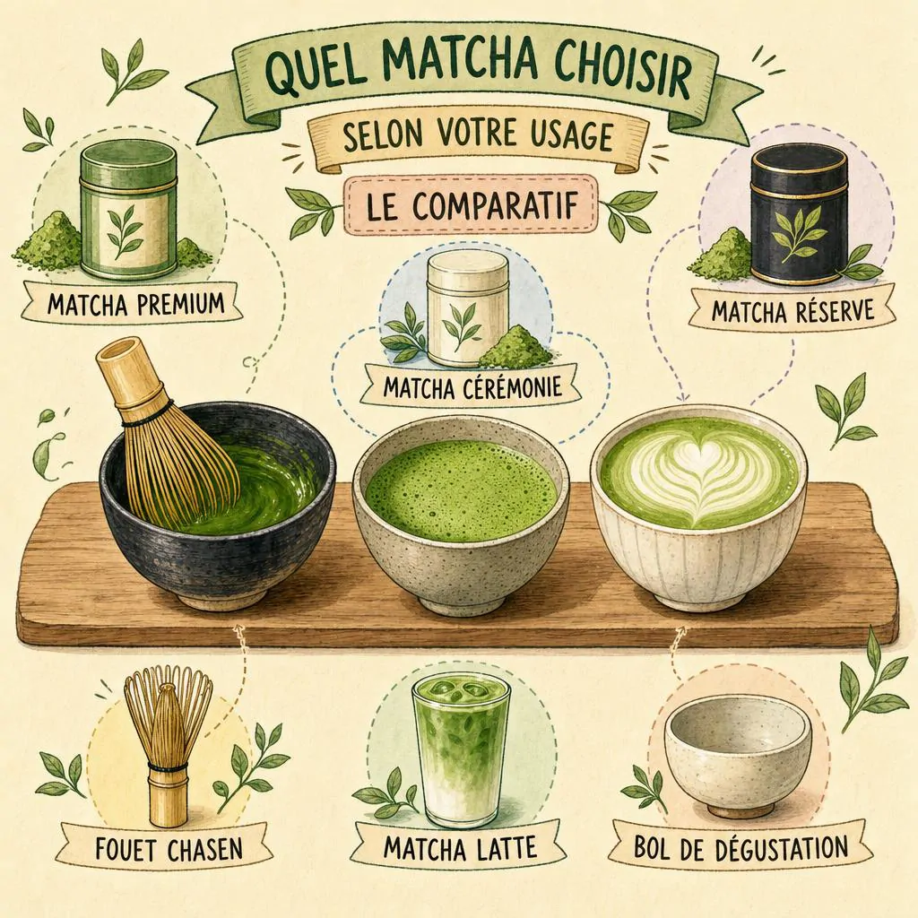 Trois bols de matcha côte à côte illustrant les gammes Premium, Cérémonie et Réserve