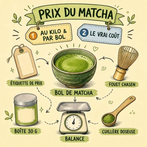 Boîte de matcha, fouet chasen et bol avec étiquette de prix illustrant le coût du matcha