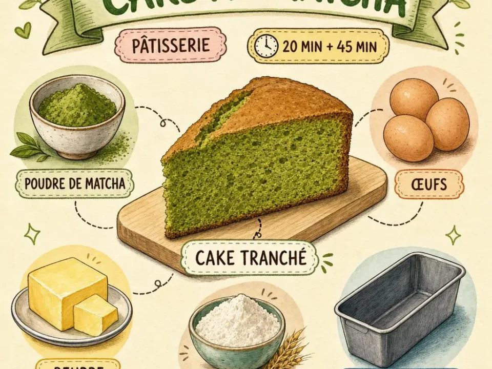 Cake au matcha tranché sur une planche, mie vert tendre et croûte dorée