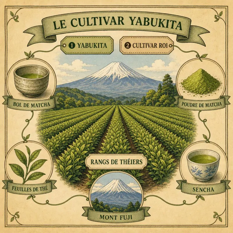 Rangées de théiers Yabukita à perte de vue dans une plantation de Shizuoka