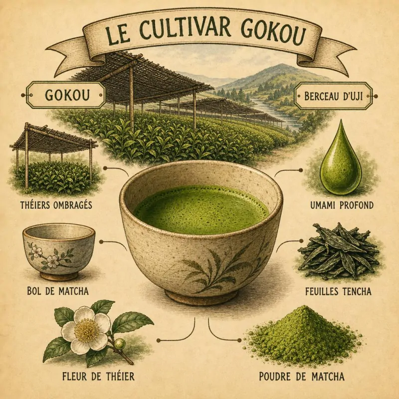 Théiers du cultivar Gokou sous ombrage dans la région d'Uji