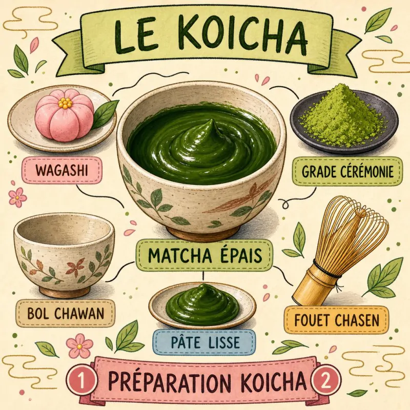 Bol de koicha, matcha épais et brillant de cérémonie, à la texture laquée