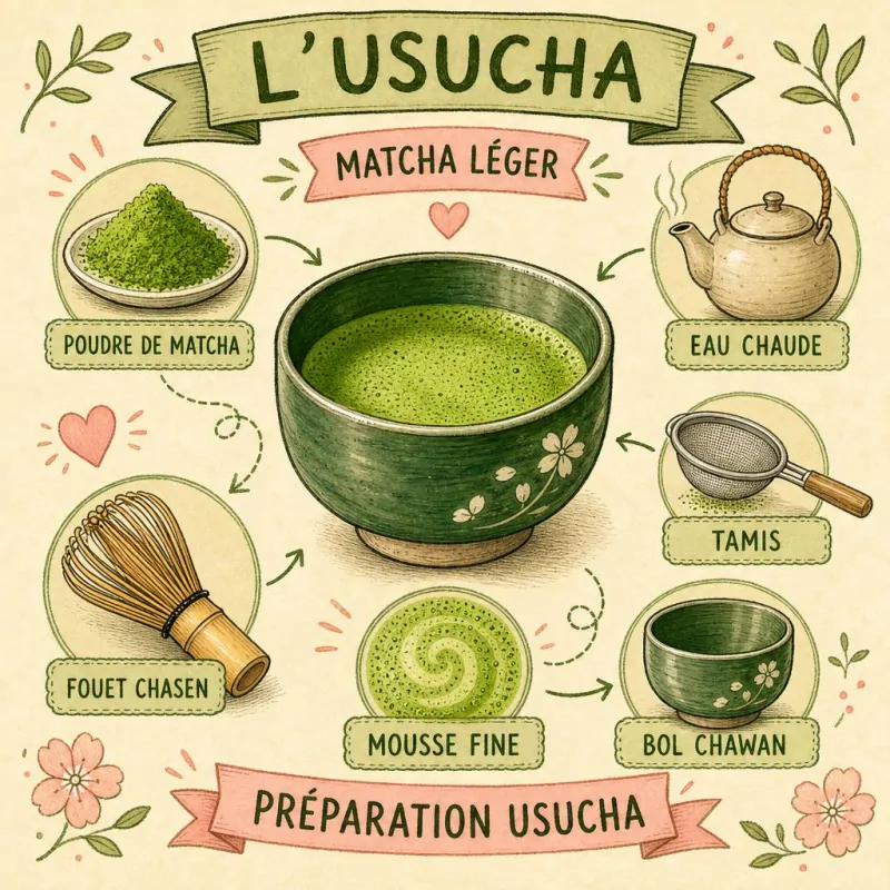 Bol d'usucha, matcha léger à la mousse fine, préparé au fouet chasen