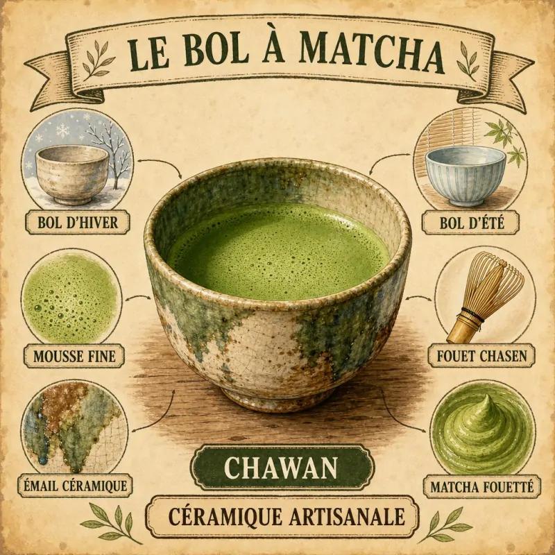 Chawan, bol à matcha en céramique artisanale, rempli de matcha fouetté à la mousse fine