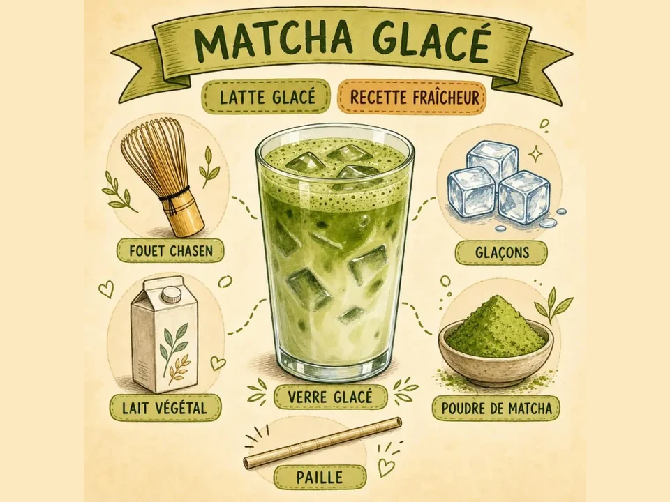 Matcha glacé maison dans un grand verre avec glaçons et mousse de lait