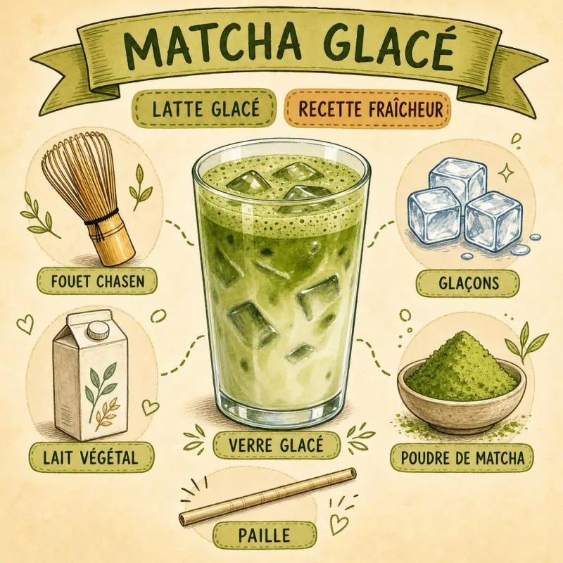 Matcha glacé maison dans un grand verre avec glaçons et mousse de lait