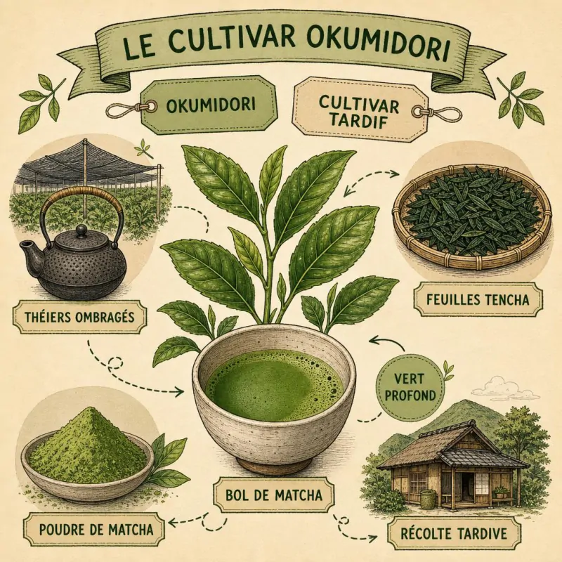 Feuilles du cultivar Okumidori et bol de matcha vert profond