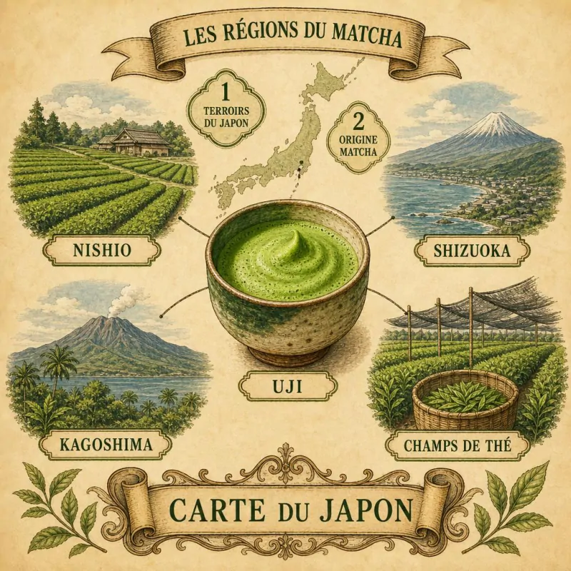 Carte illustrée des régions productrices de matcha au Japon