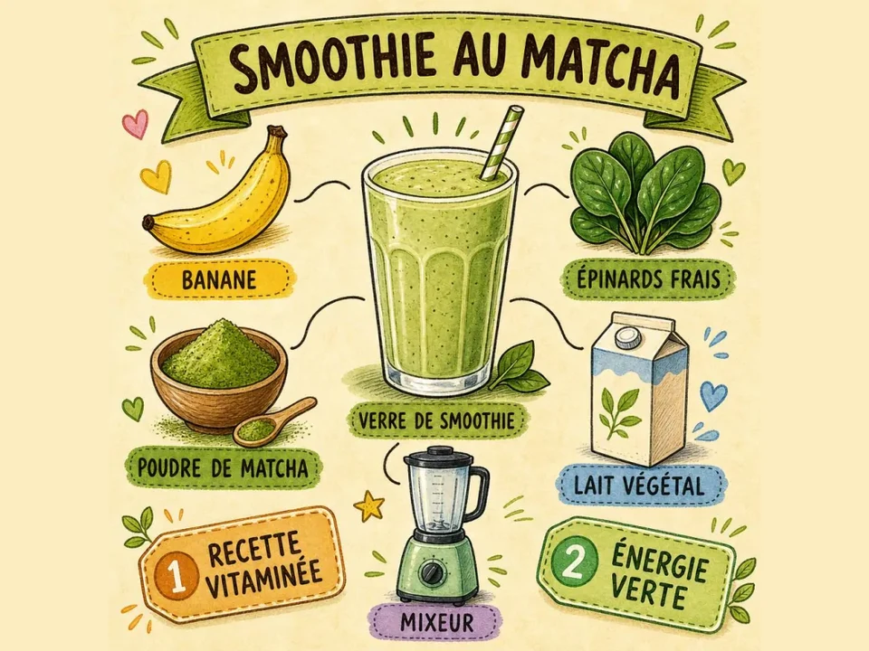 Smoothie au matcha vert crémeux dans un verre avec une paille