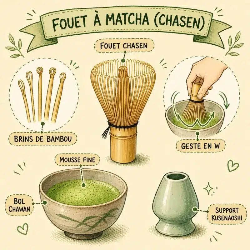 Chasen, fouet à matcha en bambou aux brins finement taillés, posé près d'un bol de matcha