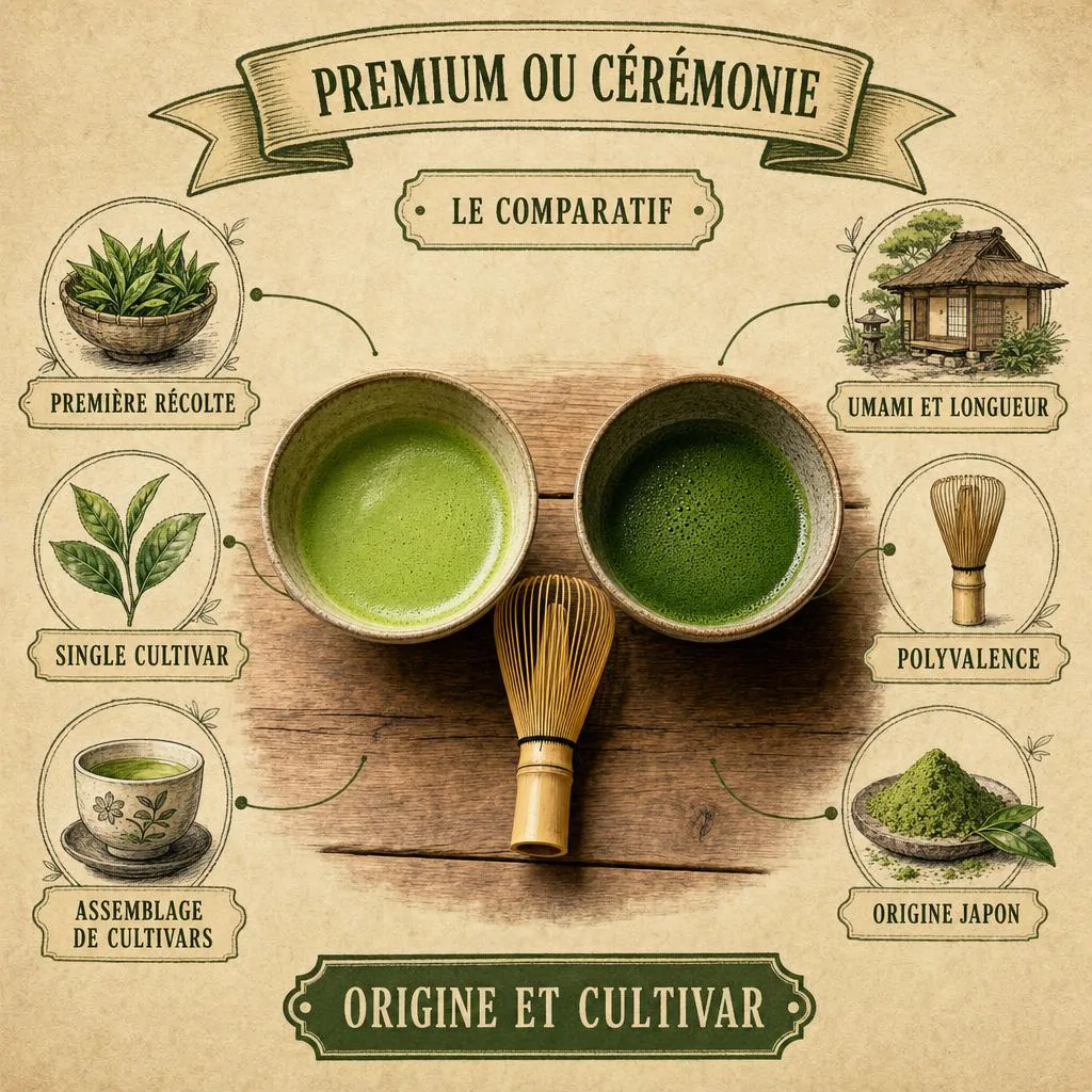 Deux bols de matcha côte à côte comparant la gamme Premium et la gamme Cérémonie
