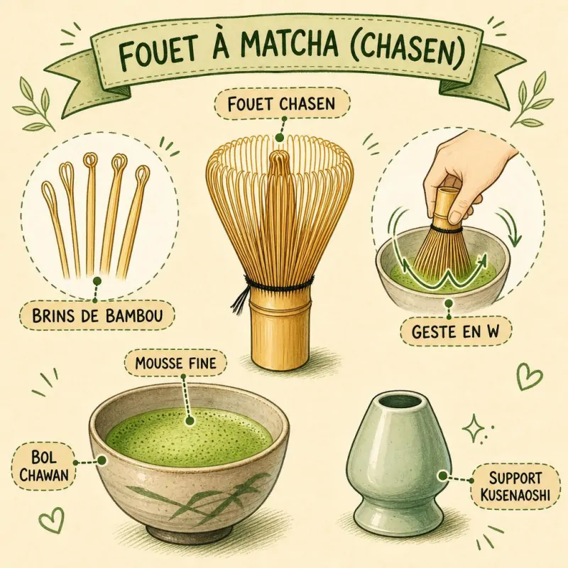 Chasen, fouet à matcha en bambou aux brins finement taillés, posé près d'un bol de matcha