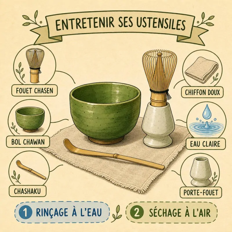 Ustensiles à matcha propres qui sèchent à l'air libre : chasen sur porte-fouet, chawan et chashaku